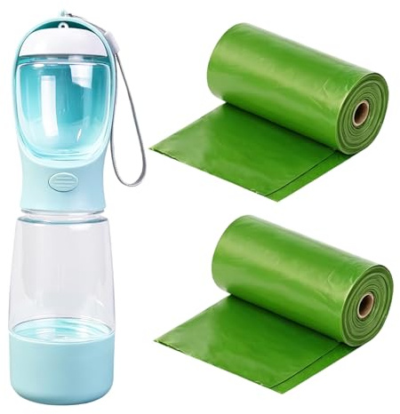 3 Piece Set Dog Water Bottle, for Walking, Portable Dog Water Bottle with Built-in Bowl and Food Container, for Outdoor Adventures, with Waste Bag Holder and Carrying Strap, 400 ml Water and 150 ml