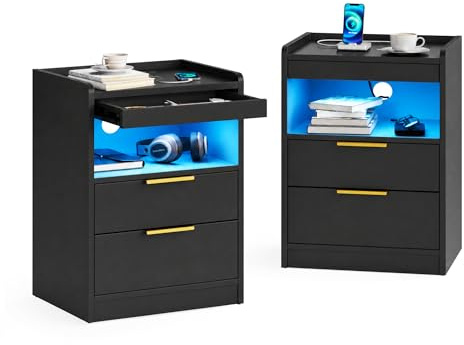 Mondeer Nachttisch 2er Set mit Ladefunktion, versteckter Schublade | App-steuerbare LED-Beleuchtung Nachtschrank mit USB-Anschlüsse & Steckdosen zum Laden, 2 Schubladen für Schlafzimmer Büro