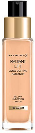 Max Factor Radiant Lift Liquid Pump Medium to Full Coverage Radiant Finish Foundation with SPF30 and Hyaluronic Acid, 090 Amber, Dark Skin Tone, 30ml