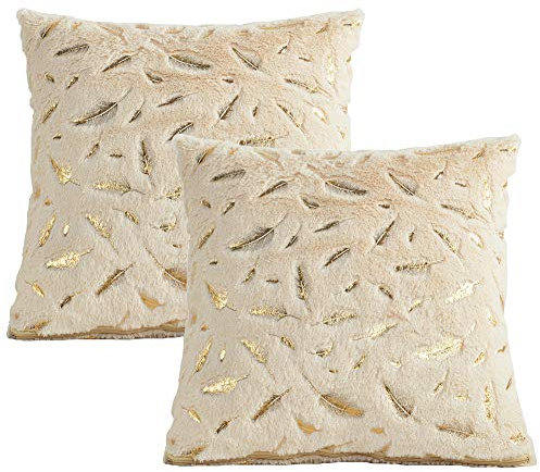 JOTOM Weich Kissen Einfarbig Kissenbezüge Dekorative Feder Kopfkissen Sitzkissen Dekokissen für Sofa Bett Büro Auto 40 x 40 cm 2er Set (Goldfeder Beige)