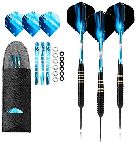 Crazy-m 3 Stück Profi dartpfeile blau Steeldarts dartscheibe 23 g Dartset Turnier Steel Tip Dartpfeile Set Professionelle Darts mit pu Case Schwarze Beschichtung Messing Pet-Flüge