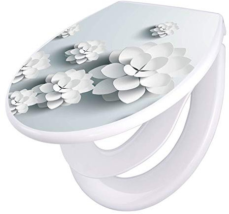 banjado Familien WC Sitz mit Absenkautomatik 44,5x37cm / Klodeckel/Klobrille mit Kindersitz aus hochwertigem Polypropylen/Toilettensitz Kindersitz integriert Motiv Papier Lotus