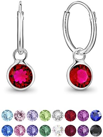 DTPsilver® KLEINE Creolen Ohrringe 925 Sterling Silber mit Swarovski® Elements Kristall Rund - Mädchen - Dicke 1.2 mm - Durchmesser 12 mm - Farbe : Rubin