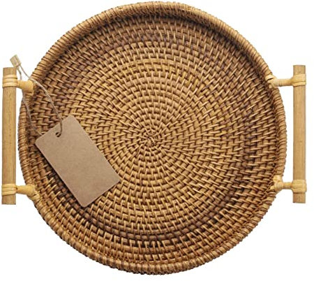 DOKOT Rattan Round Serving Tray with Handles Woven Bread Cake Pastries Baskets (28cm diameter)