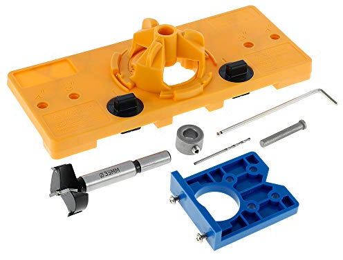 Gabarit de Perçage Charniere Invisible 35 mm et Dispositif de Charnière Perçage 35 mm avec Foret Forstner 35 mm Support Butée de Profondeur Clé Hexagonale pour Menuiserie (Jaune)