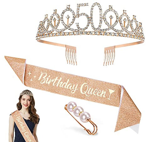 50. Geburtstag Krone Schärpe, Geburtstag Tiara Gold Geburtstag Schärpe Haarnadel, Junggesellinnenabschied Set für 50 Geburtstag Deko Geschenk Frauen Party Accessoires