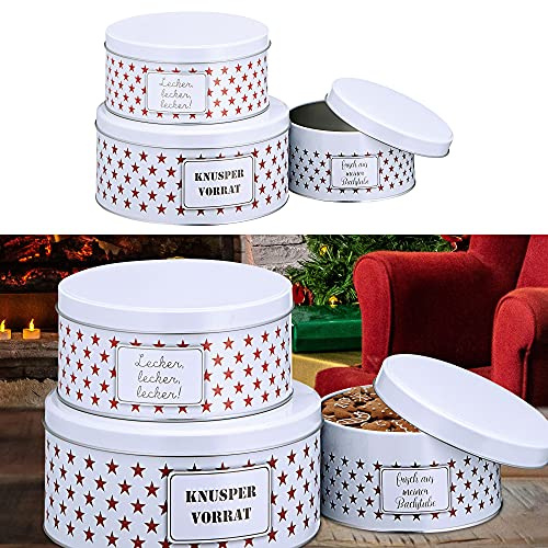 Cepewa Gebäckdose Sterne 3er Set Weihnachten | 3 Größen weiß rund Metall | Aufbewahrung Weihnachtsgebäck Keksdose (1 x 3er Set Gebäckdose Sterne weiß)