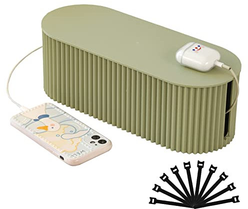 FABROK Cable Management Box, Cord Organizer Box with 10 Cable Ties, Power Strip Storage to Hide Charger Adapter Power Cord Charging Station(Small/Green)