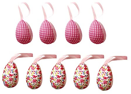 Mokyler 9 Stück Ostereier mit Umhängeband Handgemachtes Schaumstoff-Ei Bunte Ostereier zum Aufhängen, Plaid und Blumenmuster DIY Basteln für Osterbaum-Dekoration, Partygeschenke