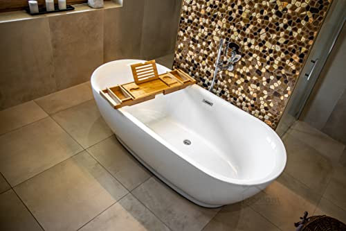 ECOLAM® exklusive freistehende Badewanne Standbadewanne moderne Wanne freistehend Adele 152 x 75 cm ideal für zwei Personen + Bambus Ablage + Ablaufgarnitur Design Acryl glamour weiß