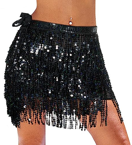 Monbessi Glitzer Rock Damen Pailletten Rock Stilvoll Glitzer Rock Karneval Fransen Rock (Schwarz)