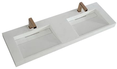 Vente-unique - Doble lavabo colgante de Solid Superficie Efecto mármol Blanco - Kodiak - L140,2 x 45,2 x 8 cm