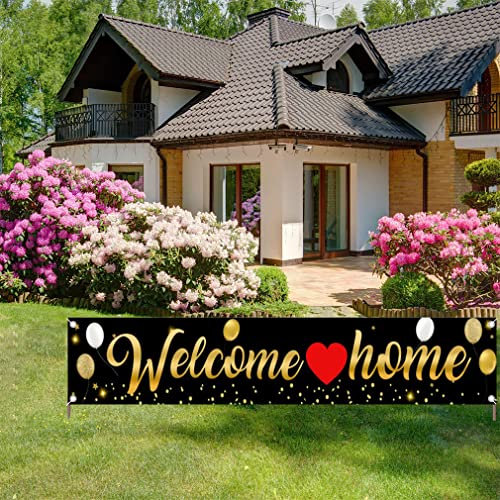 Willkommen Zuhause Banner Dekoration, Schwarz Gold Willkommen Back Home Yard Schild für Outdoor Decor, Military Homecoming Deployment Returning Party Supplies, 300cm x 50cm