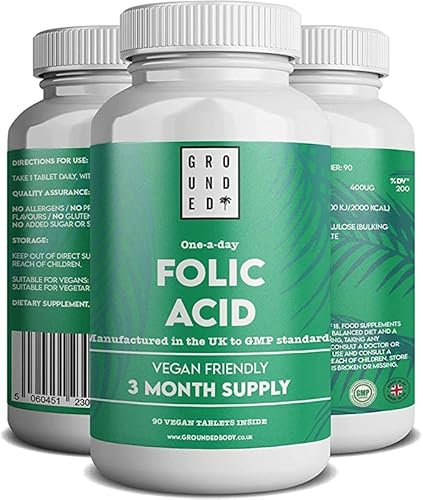 Folic Acid 400mcg, 3 Month Supply (90 Tablets), Vitamin B9, Pregnancy Care, Prenatal, Vegan & Vegetarian Formula, Non-GMO, Made in The UK by Grounded Body