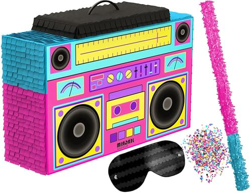 Jergrim Boombox Piñata 4-Piece Set perfect for Retro Birthday Party, Decorations, 80s Parties, Hip Hop 90s, 1980’s Radio Piñata for kids and adults (17”X10”) Durable!