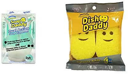 Scrub Daddy Soap Dispenser - Soap Daddy, Dual Action Bottle for Kitchen & Bathroom Sink or Shower & Dish Daddy Dish Wand Replacement Head Refill, x2 Refill Heads