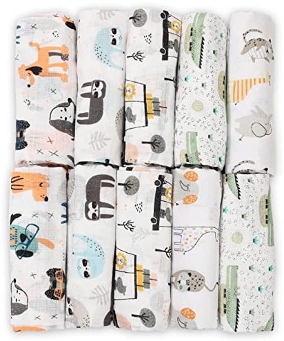 FENSILO Mulltücher - Mullwindeln - 10er Pack 70x80 cm - Stoffwindeln, Made IN EU, schadstoffgeprüft - Spucktücher Baby Junge Mädchen Tuch weiß mit Hund und Krokodil