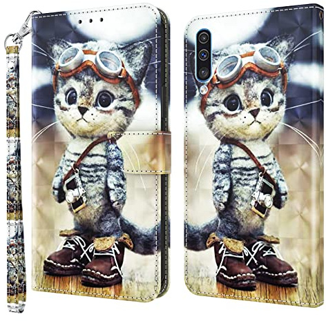 BOLELAW Hülle für Samsung Galaxy A50/A50S/A30S – Stoßfestes PU Leder Wallet Case mit Magnetverschluss, Standfunktion & Kartenfächern, Verschmitzte Katze