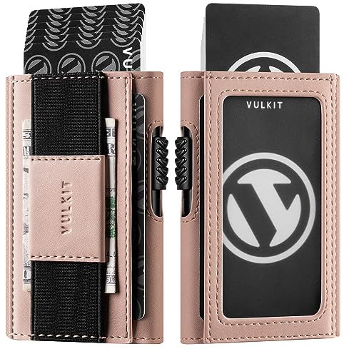 VULKIT Porte Cartes Bancaires Automatique de Pop Up avec Blocage RFID, Petit Portefeuille en Cuir avec Fenêtre d'Identification et Bande de Monnaie ou Porte-clés, Rose