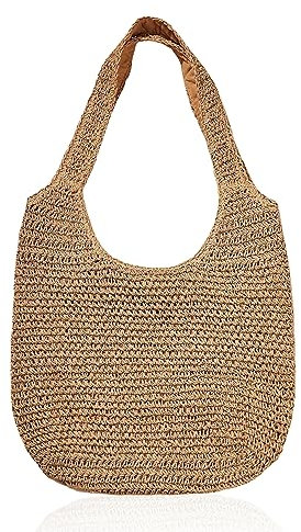 GVSAVY 1 Ladies Straw Bag, Summer Beach Bag, Handwoven Tote Bag, Retro Shoulder Bag, Large Capacity Shopping Bag, Good for work, beach trip, vacation (khaki)