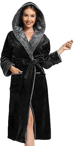 Vislivin Fleece Dressing Gown for Women Fluffy Hooded Dressing Gown Luxury Robe Soft Bathrobe Black-M