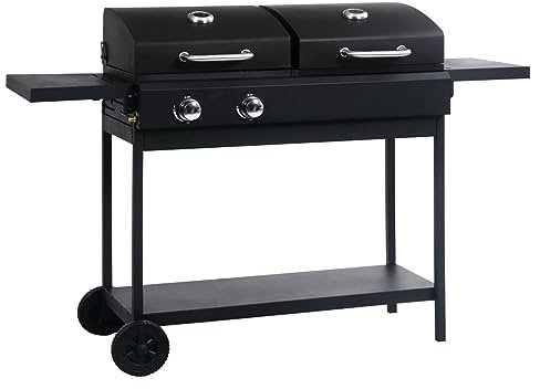 ZEYUAN Gas- und Holzkohle-Grill mit 2 Brennern, Grill Gas, Gas Tischgrill, Tischgasgrill, Kombigrill, Grill Für Balkon, Grillstation