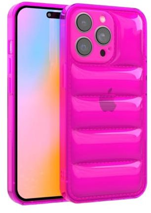 FELONY CASE - iPhone 15 Pro Neon Pink Puffer Case, Clear Cushioned Bright Cover with Shockproof Bumper - Flexible and Lightweight Protective Case - Full iPhone and Camera Protection