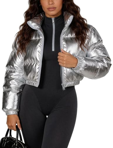 COZYPOIN Damen-Jacke, metallisch, glänzend, bauchfrei, langärmelig, Y2K, Reißverschluss, gepolstert, Daunen, Kurzmantel, Oberbekleidung