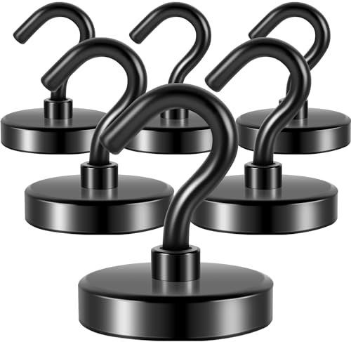 Neosmuk Magnetic Hooks Heavy Duty,10lb Strong Magnet with Hook for Fridge, Super Neodymium Extra Strength Industrial Hooks for Hanging, Magnetic Hanger for Toolbox, Cruise, Grill(Matte Black,6 Pack)