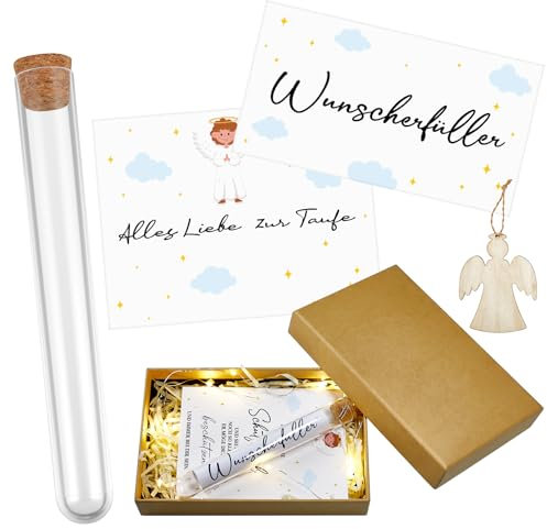 BBTO Taufegeschenk Geldgeschenk zur Taufe für Mädchen Junge mit Wunscherfüller Grußkarte Reagenzglas Taufkarte Holzengel Anhänger Lichterkette Geld Verpackung Geschenkbox Patenkind Geschenk (Taufe)