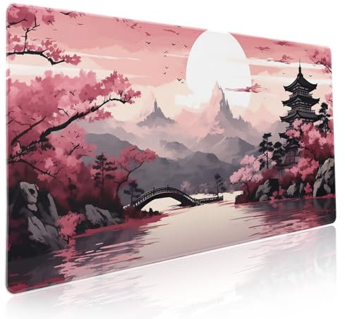 Pinkes japanisches Sakura-Gaming-Mauspad, XXL, Kirschblüten-Turm, Berglandschaft, große Schreibtischmatte, rutschfeste Gummiunterseite, genähter Rand, langes Mauspad für Computerspieler, 89,9 x 40,9