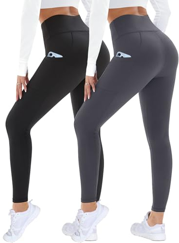 DDOBB 2 Pack Leggings for Women Black Gym Leggings with Pockets | Tummy Control Stretchy High Waist Pants Trousers for Fitness Yoga Running Regular Plus Size