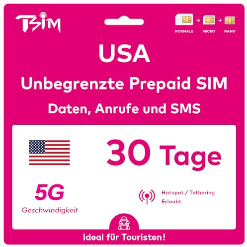 USA SIM-Karte 30 Tage. T-Mobile-Netz mit unbegrenztem Highspeed-Datenvolumen in 5G/4G/LTE | Unbegrenzte Anrufe und SMS innerhalb der USA (einschließlich Hawaii). 5G SIM-Karte!
