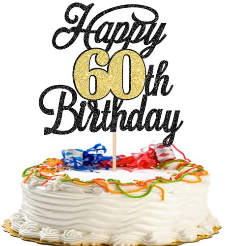 Xsstarmi 1 Pack Happy 60th Birthday Cake Topper Glitter 60 Fabulous Cake Pick Hello 60 Cheers to 60 Years Cake Decorations for Happy 60th Birthday Anniversary Party Supplies Black Gold
