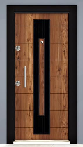 Porta Blindata d’Ingresso dal Design Moderno con Lana Minerale 2 Sistemi di Chiusura Portone 90x200 Laminato Noce e Nero PL46 (Interna destra)