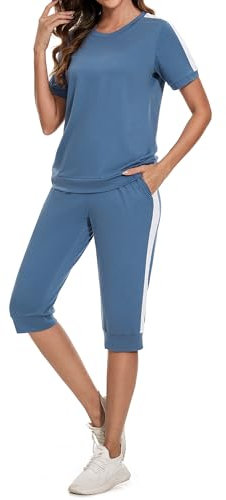Aottori Hausanzug Damen Zweiteiler Sommer Hosenanzug Elegant Outfits Kleidung 2 Teiler Set Y2k Workout Sport Anzug Blau M