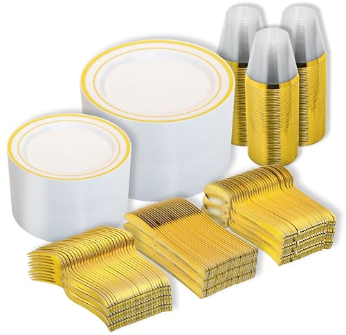 N9R 600PCS White and Gold Plastic Plates, Disposable Dinnerware Set