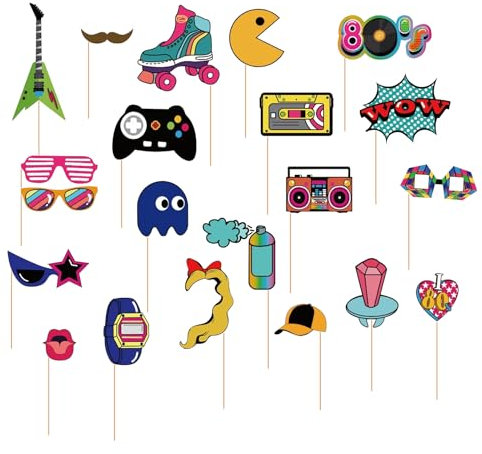 AIBAOBAO 21 Stück 80er Jahre Photo Booth Requisiten, Deko Fotoautomat Musik Thema Retro Hintergrund Party Dekoration, Kreative Liefert Mit Stöcken
