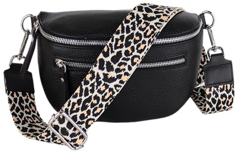 MIRROSI® Damen Bauchtasche Umhängetasche 27x14,5x8cm Damen, Made in Italy, aus Echtleder Tasche Echtes Leder, Brusttasche, Crossbody Bag,Bohemian Style (1 Tasche 2 Gurte) (Schwarz Leopard)