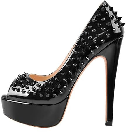 blingqueen Peeptoe Pumps Damen Plateau Stiletto High Heels Runde Zehen Elegante Damenschuhe Lack Schwarz mit Nieten 39 EU
