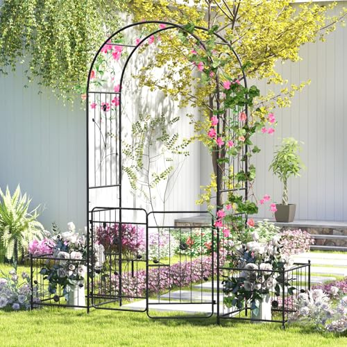 RELAX4LIFE Arco per Rampicanti in Metallo con Cancello Bloccabile, Traliccio per Rampicanti con 2 Fioriere Laterali per Rose e Viti, per Matrimoni Feste e Ingresso Cortile (Nero, 201×50×218cm)