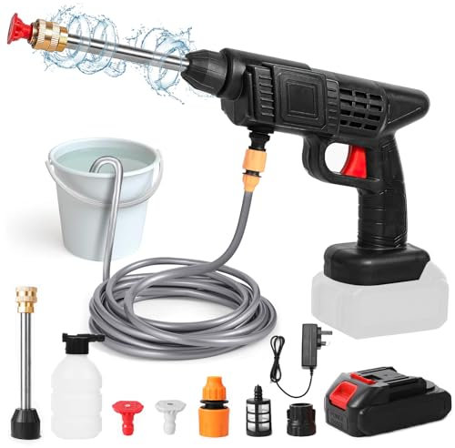 Pistolet à Eau Haute Pression, Nettoyeur Haute Pression sans Fil 30Bar, 6000mah Pistolet à Eau pour Lavage De Voiture à Domicile éLectrique pour Lavage De Voiture, 240 L/h, Tuyau 5m (1× Batterie)