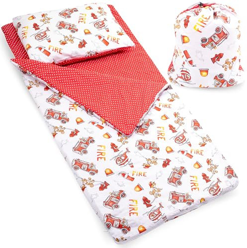 PinkZebra Schlafsack Kinder 140 x 75 cm + Kissenbezug 60 x 40 cm & Beutel, Indoor für Kindertagesstätte Kindergarten Deckenschlafsack, 3-8 Jahre (bis 135 cm Kindergröße), Öko-Tex, Feuerwehr