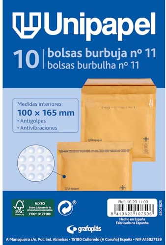 Unipapel Gepolsterte Umschläge aus Kraftpapier mit Luftpolsterfolie, Nr. 11, Maße: 100 x 165 mm, selbstklebender Verschluss, 10 Stück, perfekt für sichere und geschützte Sendungen, FSC-zertifiziert