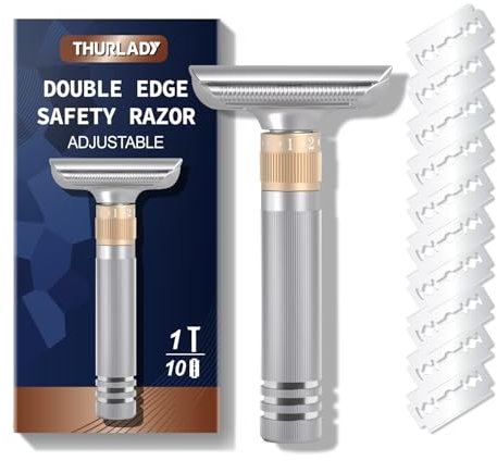 THURLADY Zweischneidiger Rasierhobel, Einklingen-Rasierer für Herren, mit 10 platinbeschichteten schwedischen Rasierklingen, nachhaltig, gründliche und glatte Nassrasur, verstellbarer Klingenwinkel