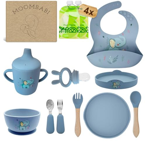 MOOMBABI Set Repas Bébé 13 pièces - Assiette Ventouse, Bol, Couverts Silicone & Inox, Bavoir, 4 Pochettes Alimentaires Réutilisables – Vaisselle Bébé Sevrage