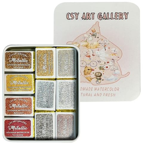 CSY art gallery Handmade Metallic Gold-Silver Watercolours Paint Shimmer Calligraphy Ink Hand Lettering Full Pans Shimmer Watercolour Set for Painting, Mixed Media and Paper Crafts (Set 2)