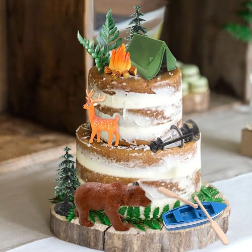 Roaring Good Time Camping Kuchen Dekoration Camping geburtstagstorte Lagerfeuer Kanu Baum BearHirsch Dekoration Camp Deco für Sommer Camping Picknick Wandern Abenteuer Party