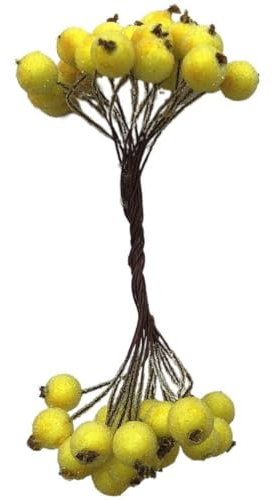 Paquete de 5 tallos de flores artificiales de doble cabeza, bayas de acebo artificiales en tallos de alambre, bayas de acebo blancas esmeriladas (amarillo)