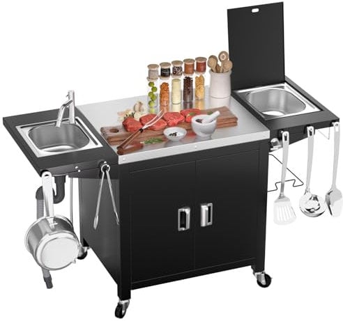 GFTIME Carrito de barbacoa, mesa móvil para horno de pizza, isla de cocina enrollable de acero inoxidable con armario de almacenamiento, caja de hielo, fregadero para parrilla, carrito de cocina,